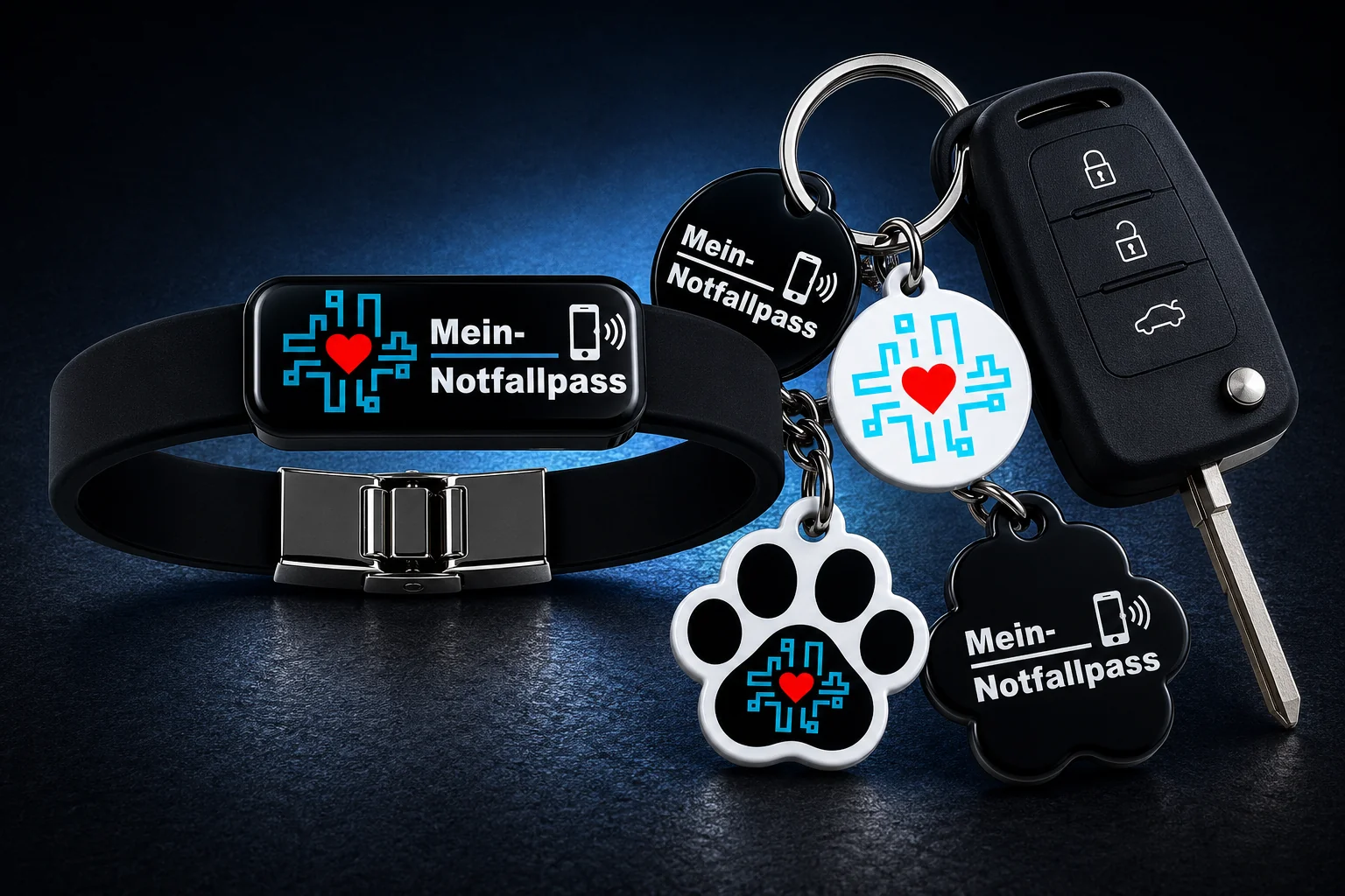Armband/Anh&auml;nger mit QR- und NFC-Symbol vor hellem, modernen Hintergrund